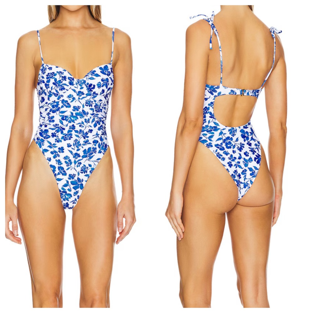 Tularosa Mar Blue Flower One‎ Piece Swimsuit Ruched Women Large Boho Floral